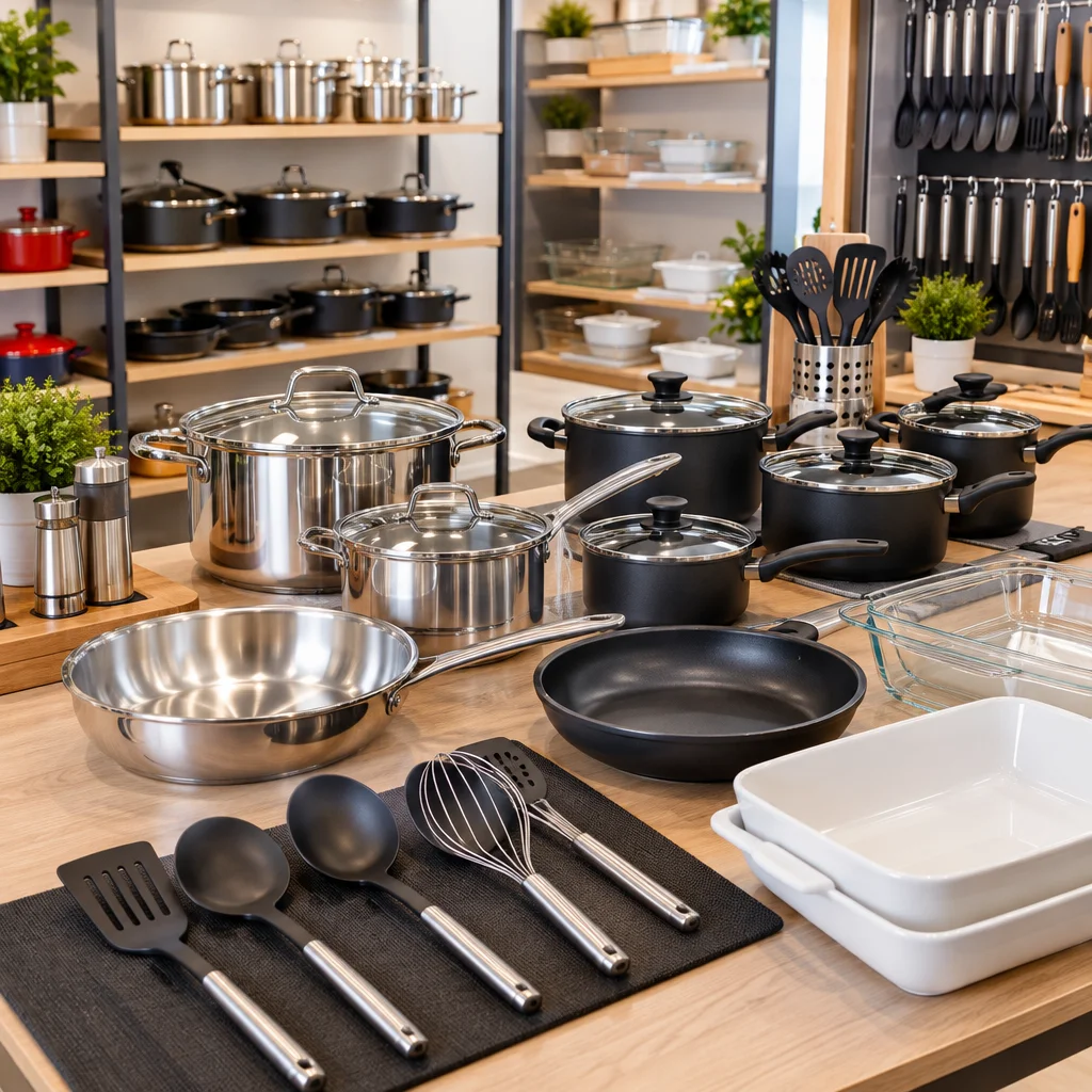 Mostruário amplo de panelas de inox e antiaderentes, travessas refratárias e utensílios culinários dispostos de forma impecável