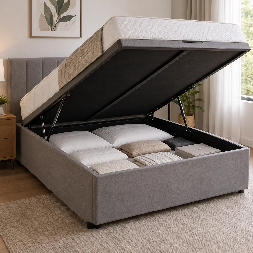 Cama baú queen aberta exibindo amplo compartimento interno para guardar roupas de cama e travesseiros
