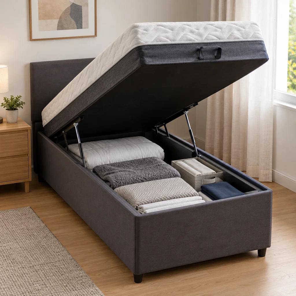 Base de cama box baú de solteiro aberta com pistão hidráulico revelando espaço interno organizado para guardar roupas de cama